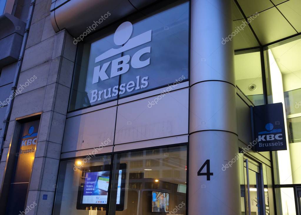 Bruxelles, Belgium - December 20, 2019: KBC Bank branch, a Belgian universal multi-channel bank-insurer, focusing on private clients and small and medium-sized enterprises
