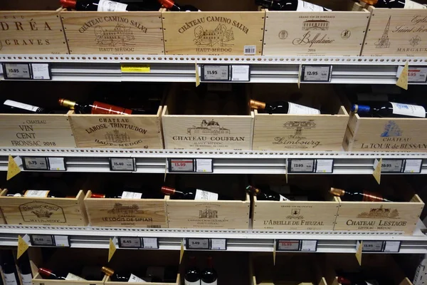 Brussels Belgium December 2019 Selection French Wines Displayed Sale Wine — 스톡 사진