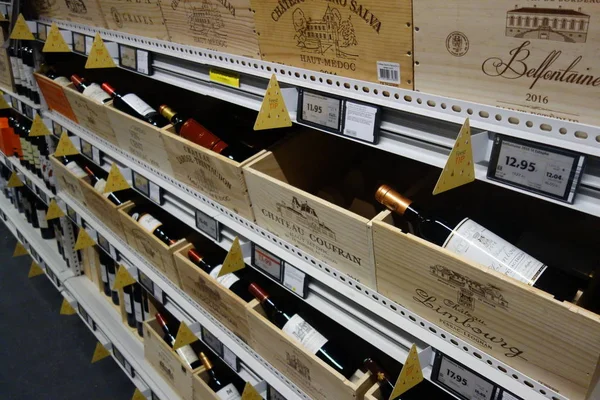 Brussels Belgium December 2019 Selection French Wines Displayed Sale Wine — 스톡 사진