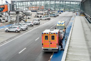 Berlin, Germany - February 3, 2020: Berlin Brandenburg Airport Fire Brigade parked outside the Berlin Schoenefeld Airport