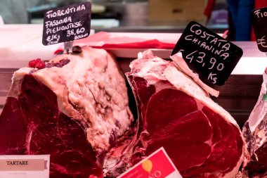 Rome, Italy - January 16, 2020: Chianina meat for sale, typical Italian breed of cattle appreciated all over the world both for its biological qualities, its low fats and cholesterol content