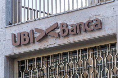 Matera, Italy - February 5, 2020: UBI Banca signage. Unione di Banche Italiane S.p.A., commonly known for its trading name UBI Banca, is an Italian banking Group