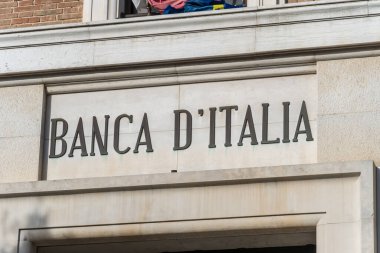 Matera, Italy - February 5, 2020: Bank of Italy building inscription. Bank of Italy, Italian Banca d'Italia, Bankitalia, is the central bank of Italy and part of the European System of Central Banks