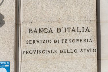 Matera, Italy - February 5, 2020: Bank of Italy building inscription. Bank of Italy, Italian Banca d'Italia, Bankitalia, is the central bank of Italy and part of the European System of Central Banks