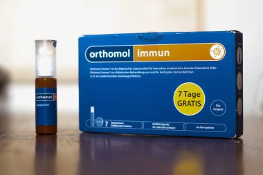 Berlin, Germany - February 21, 2020: Pack of Orthomol Immun bottles, pharmaceutical  food supplement useful to strengthen the immune system