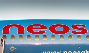 Fiumicino, Italy - August 26, 2019: Airplane from Neos S.p.A., an Italian leisure airline with its headquarters in Somma Lombardo and main base at Milan-Malpensa Airport clipart