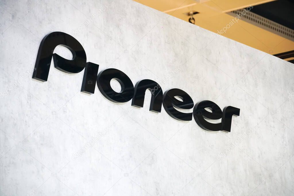 Berlin, Germany - September 10, 2019: Sign of Pioneer Corporation, Japanese multinational corporation, specialized in digital entertainment products