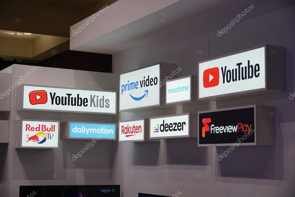 Berlin, Germany - September 10, 2019: Advertising banner of Youtube, Freeview Play, Deezer, Maxdome, Rakuten, Prime Video, Youtube Kids, Dailymotion, Red Bull Tv