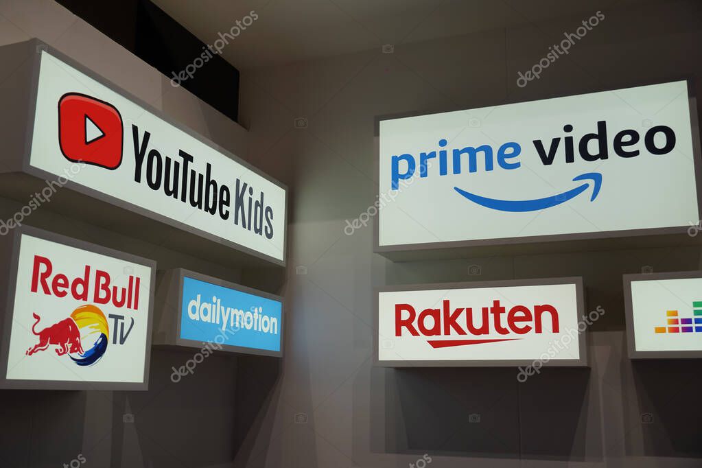 Berlin, Germany - September 10, 2019: Advertising banner of Prime Video, Rakuten, Youtube Kids, Dailymotion, Red Bull Tv
