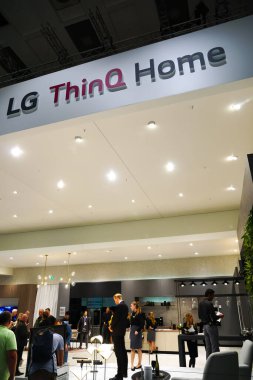 Berlin, Germany - September 10, 2019: Exhibition booth of LG ThinQ, brand launched by LG Electronics featuring products that are equipped with artificial intelligence technology clipart