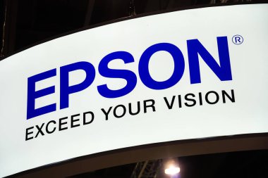 Berlin, Almanya - 10 Eylül 2019: Seiko Epson Şirketi 'nin imzası, ya da kısaca Epson, Japon elektronik şirketi ve dünyanın en büyük bilgisayar üreticilerinden biri.