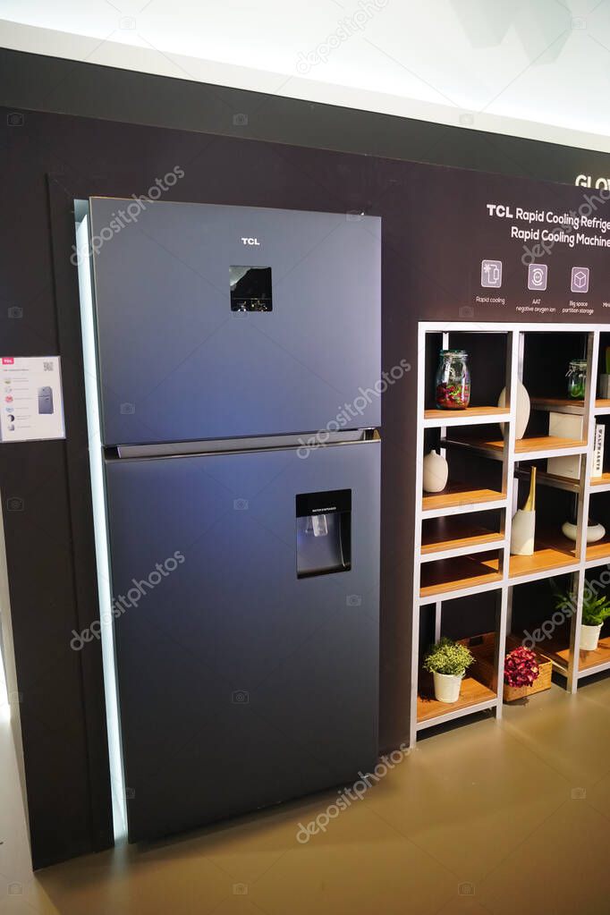 Berlin, Germany - September 10, 2019: TCL line AI x IoT, smart refrigerators and other home electronics products