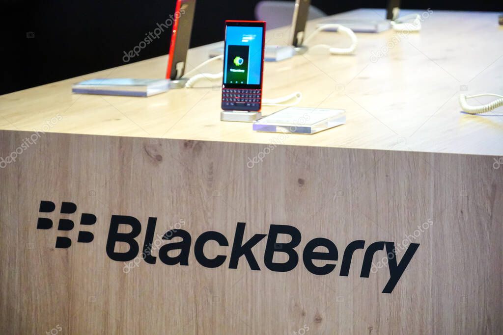 Berlin, Germany - September 10, 2019: BlackBerry Smartphone displayed in an electronics store