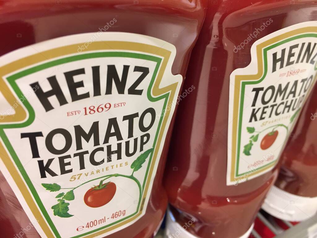 Berlin, Germany - April 3, 2017: Heinz ketchup. First introduced in 1876, Heinz Tomato Ketchup is a brand of ketchup produced by the H. J. Heinz Company (now Kraft-Heinz)