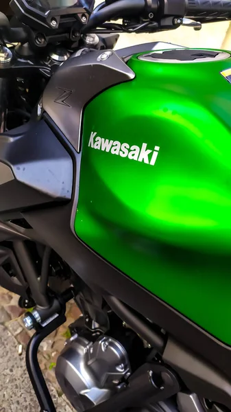 Берлин Германия Мая 2020 Года Логотип Kawasaki Зеленом Мотоцикле Kawasaki — стоковое фото