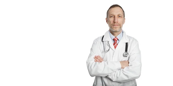 Médico Retrato Médico Isolado Contra Fundo Branco Com Espaço Rof — Fotografia de Stock