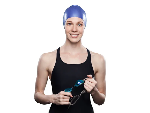 Mulher Nadadora Isolada Sobre Fundo Branco Desportista Sorrir Desportista Usando — Fotografia de Stock