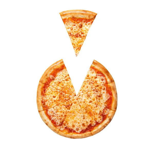 Beyaz arka planda izole edilmiş pizza dilimi üst görünümü. Peynirli ve domatesli pizza..
