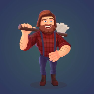 Ayakta oduncu balta ile vektör Illustration. Kırmızı gömlek ve terziler sakallı mutlu feller bir çizgi film karakteri. Hipster oduncu koyu mavi zemin üzerine bir kavramı.