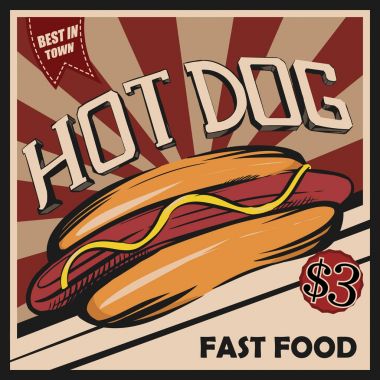 Sosisli sandviç. Retro poster. Lezzetli lokanta için vektör şablon.