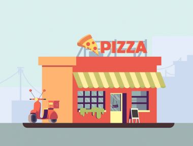 İtalyan pizzacı düz tasarım vektör Illustration. Bir motosiklet ile bir bina. 