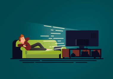 Mavi arka plan üzerinde karanlık odada Tv. kanepe ve televizyon seyreden kanepede yatan bir adam düz tasarım bir örnek ayarla. Vektör kavramı 