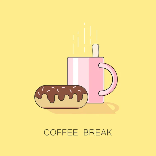 Kahve molası Illustration fincan kahve ya da çay ve çikolata çörek ile. Açık sarı renkli sade düz tasarım bir vektör küçük resim — Stok Vektör