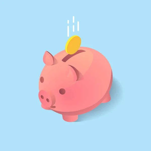 Sebuah klip vektor seni uang dalam bentuk babi dengan koin jatuh ke dalamnya. Konsep menyimpan uang dalam gaya 3D isometrik dan desain rata . - Stok Vektor