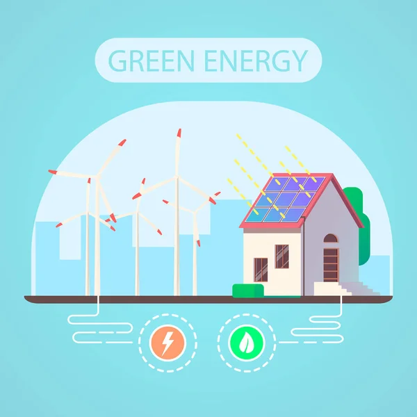 Ecologic 집과 녹색 에너지 개념입니다. 평면 벡터 일러스트 레이 션. — 스톡 벡터