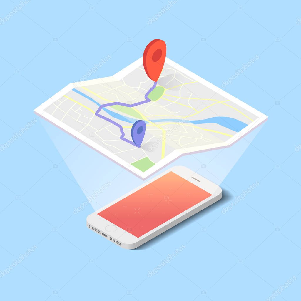 Vector hologram of map with navigation on the smartphone in flat design