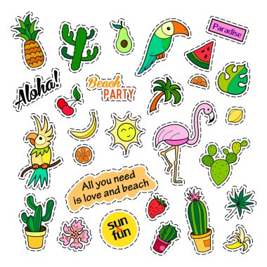 Moda yama rozetleri. Tropik set. Karikatür 80s-90s komik tarzı çıkartmalar, iğneler, yamalar ve el yazısı notlar koleksiyonu. Eğilim. Vektör illüstrasyon izole.