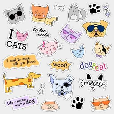 Moda yama rozetleri. Kedi ve köpek seti. Etiketler, iğneler, yamalar el yazısı notlar koleksiyonu karikatür 80s-90s komik tarzı. Eğilim. Vektör illüstrasyon izole.