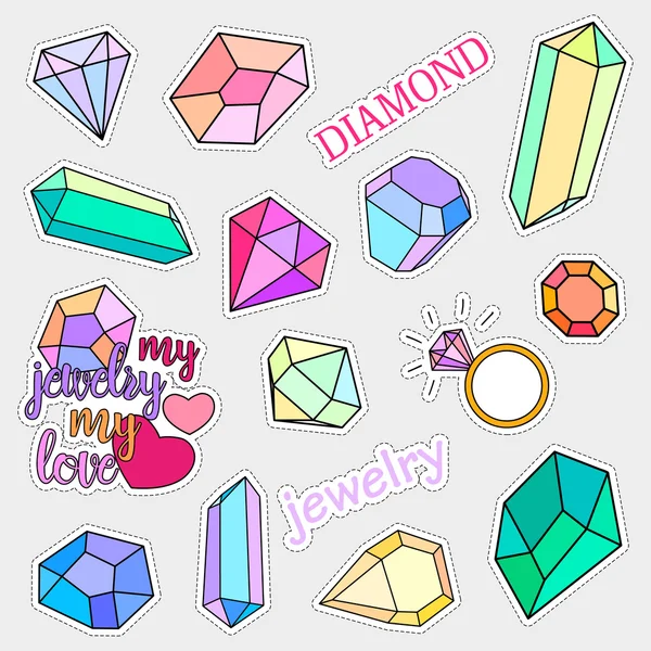 Placas de parche de moda. Juego de diamantes y joyas. Pegatinas, alfileres, parches colección de notas manuscritas en caricatura estilo cómico de los años 80-90. Tendencia. Ilustración vectorial aislada . — Vector de stock