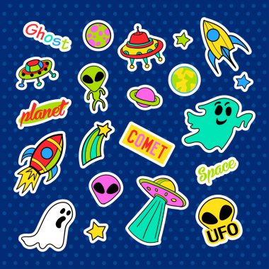 Moda yama rozetleri. Pop art Ufo seti. Karikatür 80s-90s komik tarzı çıkartmalar, iğneler, yamalar ve el yazısı notlar koleksiyonu. Eğilim. Vektör illüstrasyon izole.