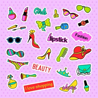 Yama rozetleri. Pop art Moda seti. Karikatür 80s-90s komik tarzı çıkartmalar, iğneler, yamalar ve el yazısı notlar koleksiyonu. Eğilim. Vektör illüstrasyon izole.