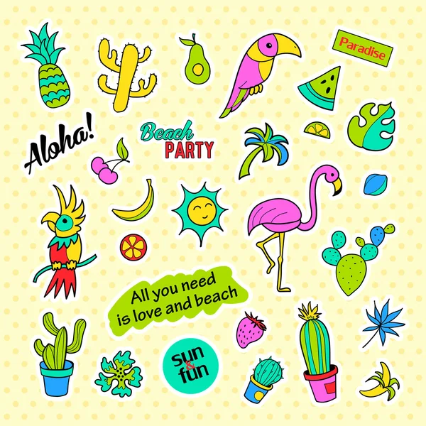 Fashion patch badges. Pop art Tropical set. Stickers, pins, patches and handwritten notes collection in cartoon 80s-90s comic style. Trend. Vector illustration isolated. — Stock Vector