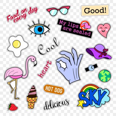 Moda yama rozetleri. Pop art seti. Karikatür 80s-90s komik tarzı çıkartmalar, iğneler, yamalar ve el yazısı notlar koleksiyonu. Eğilim. Saydam arka planda yalıtılmış vektör çizimi