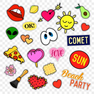 Moda yama rozetleri. Pop art seti. Karikatür 80s-90s komik tarzı çıkartmalar, iğneler, yamalar ve el yazısı notlar koleksiyonu. Eğilim. Saydam arka planda yalıtılmış vektör çizimi