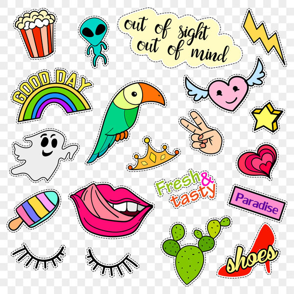 Fashion patch badges. Pop art set. Stickers, pins, patches and handwritten notes collection in cartoon 80s-90s comic style. Trend. Vector illustration isolated on transparent background