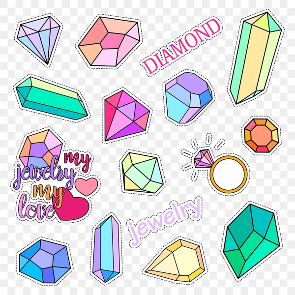 Placas de parche de moda. Juego de diamantes y joyas. Pegatinas, alfileres, parches colección de notas manuscritas en caricatura estilo cómico de los años 80-90. Tendencia. Ilustración vectorial aislada sobre fondo transparente — Vector de stock