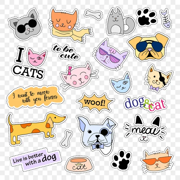 Des badges de mode. Jeu de pop art. Chats et chiens. Stickers, pins, patchs collection de notes manuscrites dans le style bande dessinée des années 80-90. Tendance. Illustration vectorielle isolée sur fond transparent — Image vectorielle