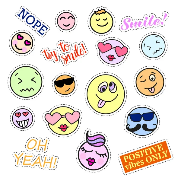 Fashion patch badges. Smiles set. Stickers, pins, patches and handwritten notes collection in cartoon 80s-90s comic style. Trend. Vector illustration isolated. — Stock Vector