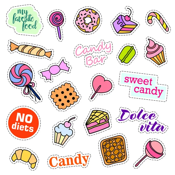 Placas de parche de moda. Conjunto de caramelos. Adhesivos, alfileres, parches y notas manuscritas de la colección de dibujos animados estilo cómico de los años 80-90. Tendencia. Ilustración vectorial aislada . — Vector de stock