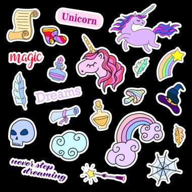 Moda yama rozetleri. Sihirli küme. Çıkartmalar, iğne, yamalar, tek boynuzlu at ve rainbow ile şirin toplama. 80s 90s çizgi roman tarzı. Eğilim. Vektör illüstrasyon izole.