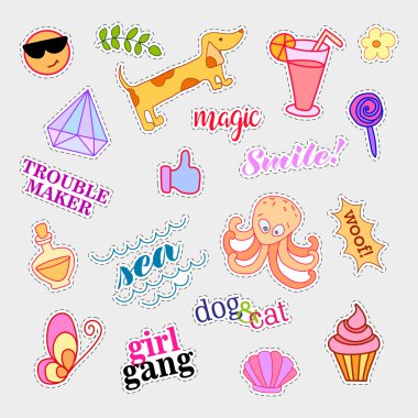 Moda yama rozetleri. Büyük set. Karikatür 80s-90s komik tarzı çıkartmalar, iğneler, yamalar ve el yazısı notlar koleksiyonu. Eğilim. Vektör illüstrasyon izole.