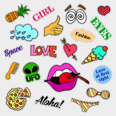 Moda yama rozetleri. Büyük set. Karikatür 80s-90s komik tarzı çıkartmalar, iğneler, yamalar ve el yazısı notlar koleksiyonu. Eğilim. Vektör illüstrasyon izole.