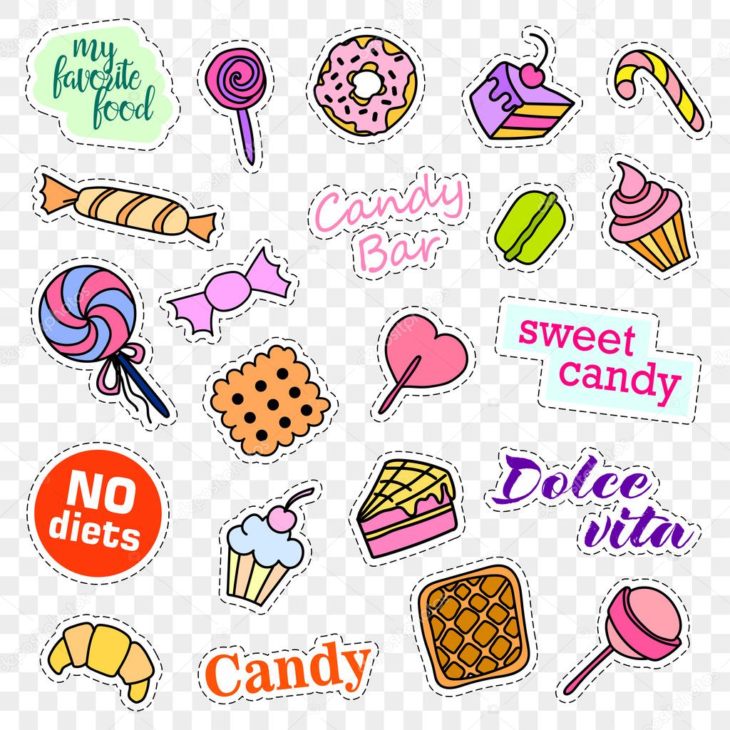 Fashion patch badges. Candy set. Stickers, pins, patches and handwritten notes collection in cartoon 80s-90s comic style. Trend. Vector illustration isolated on transparent background