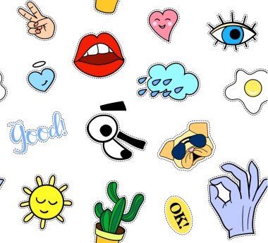 Moda yama rozetleri ile Seamless modeli. Pop art. Vektör arka plan etiketleri, iğne, 80s 90s çizgi roman tarzı çizgi yamalı. Eğilim. Dudaklar, gözler, Kalpler, güneş, dondurma, pizza.