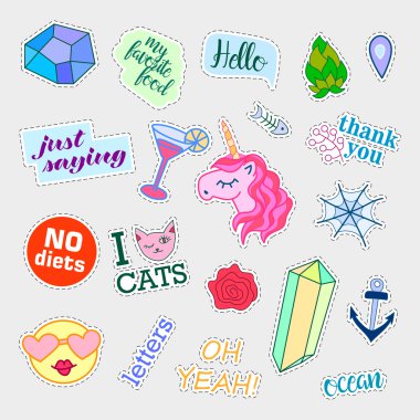 Moda yama rozetleri. Büyük set. Karikatür 80s-90s komik tarzı çıkartmalar, iğneler, yamalar ve el yazısı notlar koleksiyonu. Eğilim. Vektör illüstrasyon izole.