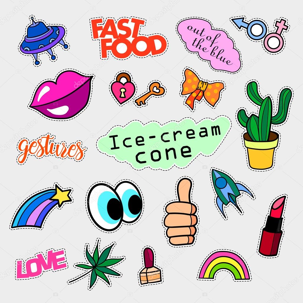 Fashion patch badges. Big set. Stickers, pins, patches and handwritten notes collection in cartoon 80s-90s comic style. Trend. Vector illustration isolated.